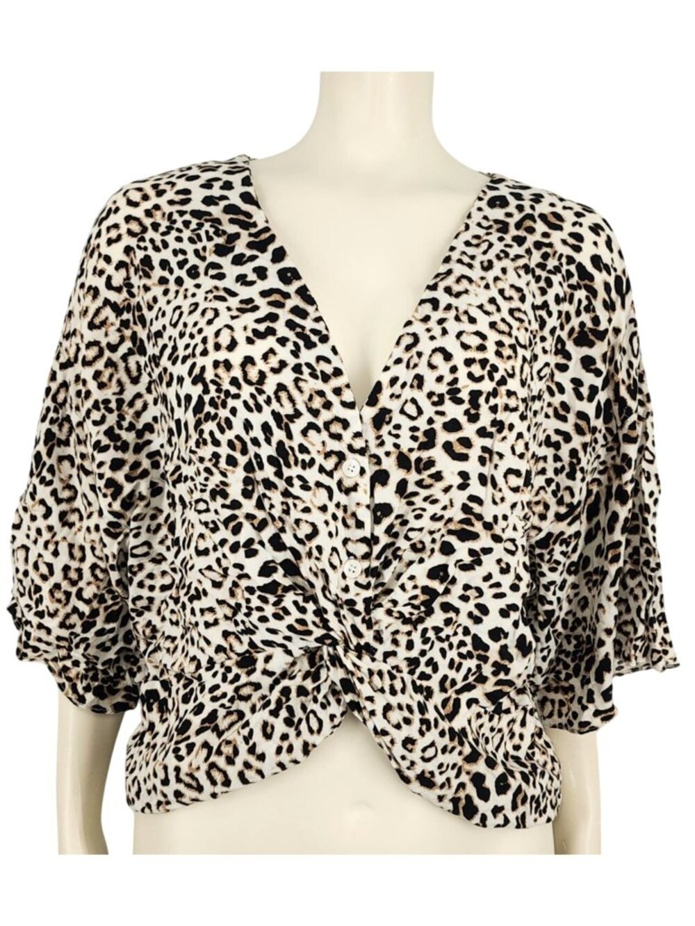 Women's Mustard Seed Leopard Print Twist Cropped Front Large Big Sleeves Flowy